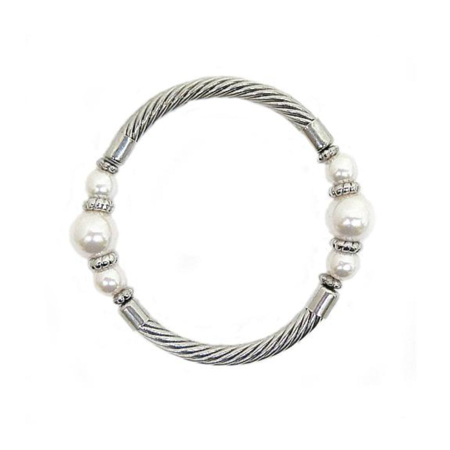 RHODIUM-CREAM PEARL CABLE STRETCH BRACELET  #SB15142_ROD-CRM (BD6)