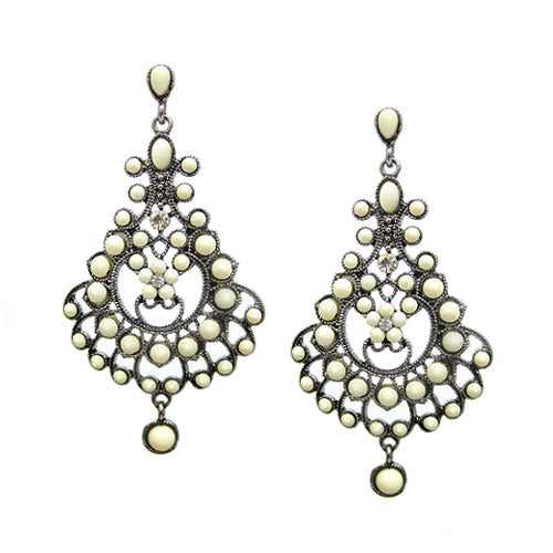 SILVER CREAM ELABORATE FLOWER ACCENTED WITH RHINESTONE EARRINGS  #HNE8089_S-CREAM (KA3)
