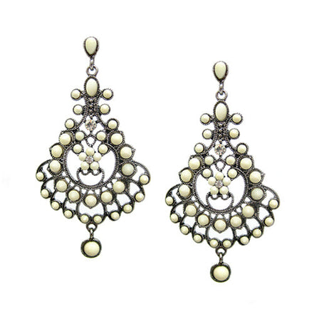 SILVER CREAM ELABORATE FLOWER ACCENTED WITH RHINESTONE EARRINGS  #HNE8089_S-CREAM (KA3)