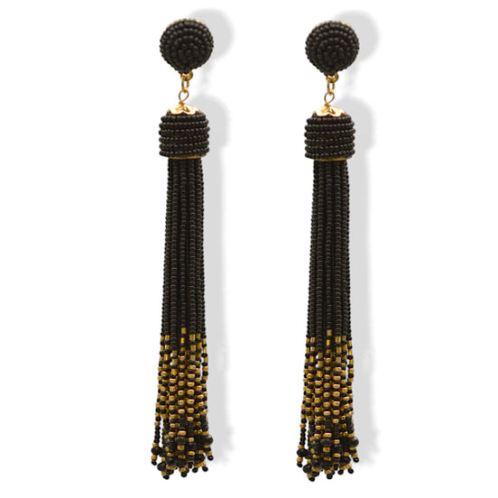 Black and Gold Bohemian Seed Bead Long Tassel Earrings #ER-1184A(TD15)