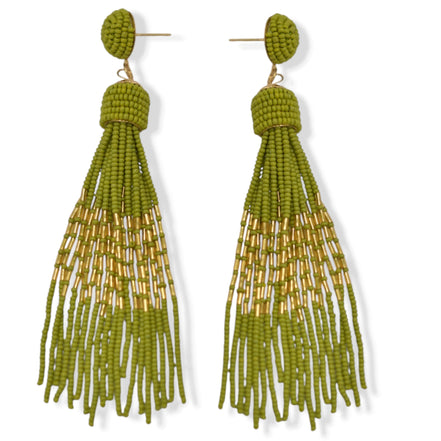 Olive and Gold Bohemian Seed Bead Long Tassel Earrings #ER-1186(TD15)