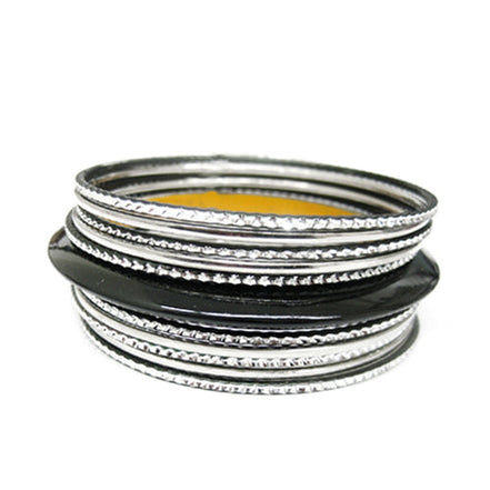 SILVER-BLACK WOOD WITH SILVER AND MIXED METAL SET OF 11PCS BRACELET  #VB15147_S-BLACK (UG8)