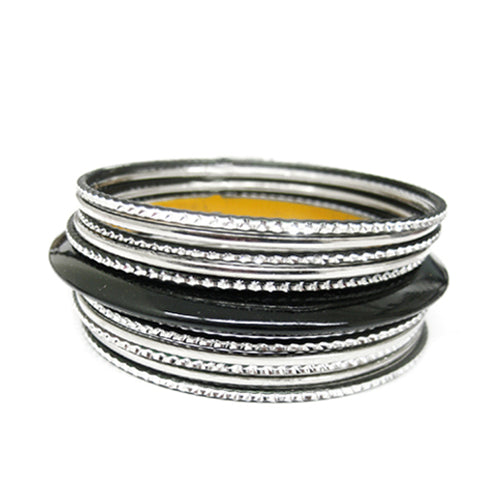SILVER-BLACK WOOD WITH SILVER AND MIXED METAL SET OF 11PCS BRACELET  #VB15147_S-BLACK (UG8)