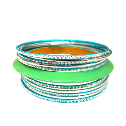 SILVER TURQUOISE GREEN WOOD WITH MIXED METAL SET OF 11PCS BRACELET  #VB15147_S-TURQ (UG8)