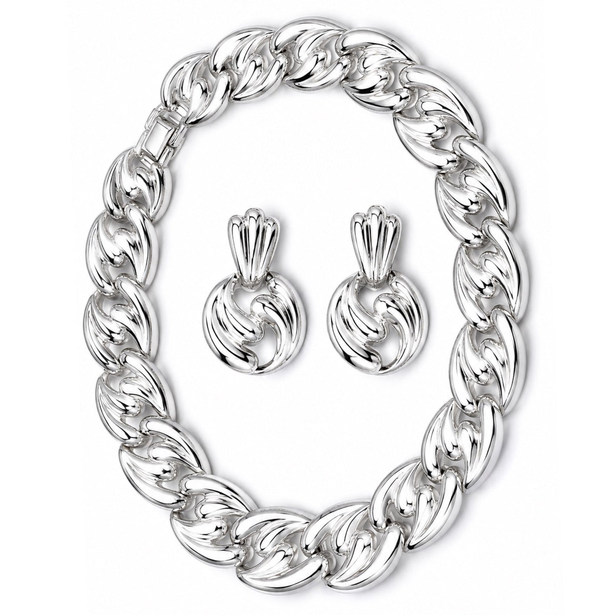 Silver-Tone Sculpted Link Statement Necklace & Earring Set – 16
