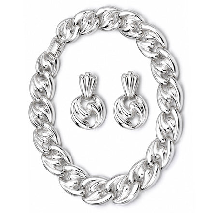 Silver-Tone Sculpted Link Statement Necklace & Earring Set – 16" Necklace, 1.8" Earrings#FW-SET82123S