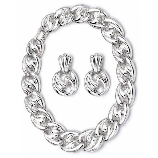Silver-Tone Sculpted Link Statement Necklace & Earring Set – 16" Necklace, 1.8" Earrings#FW-SET82123S