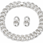 Silver-Tone Chunky Link Statement Necklace & Double Link Drop Earring Set – 16