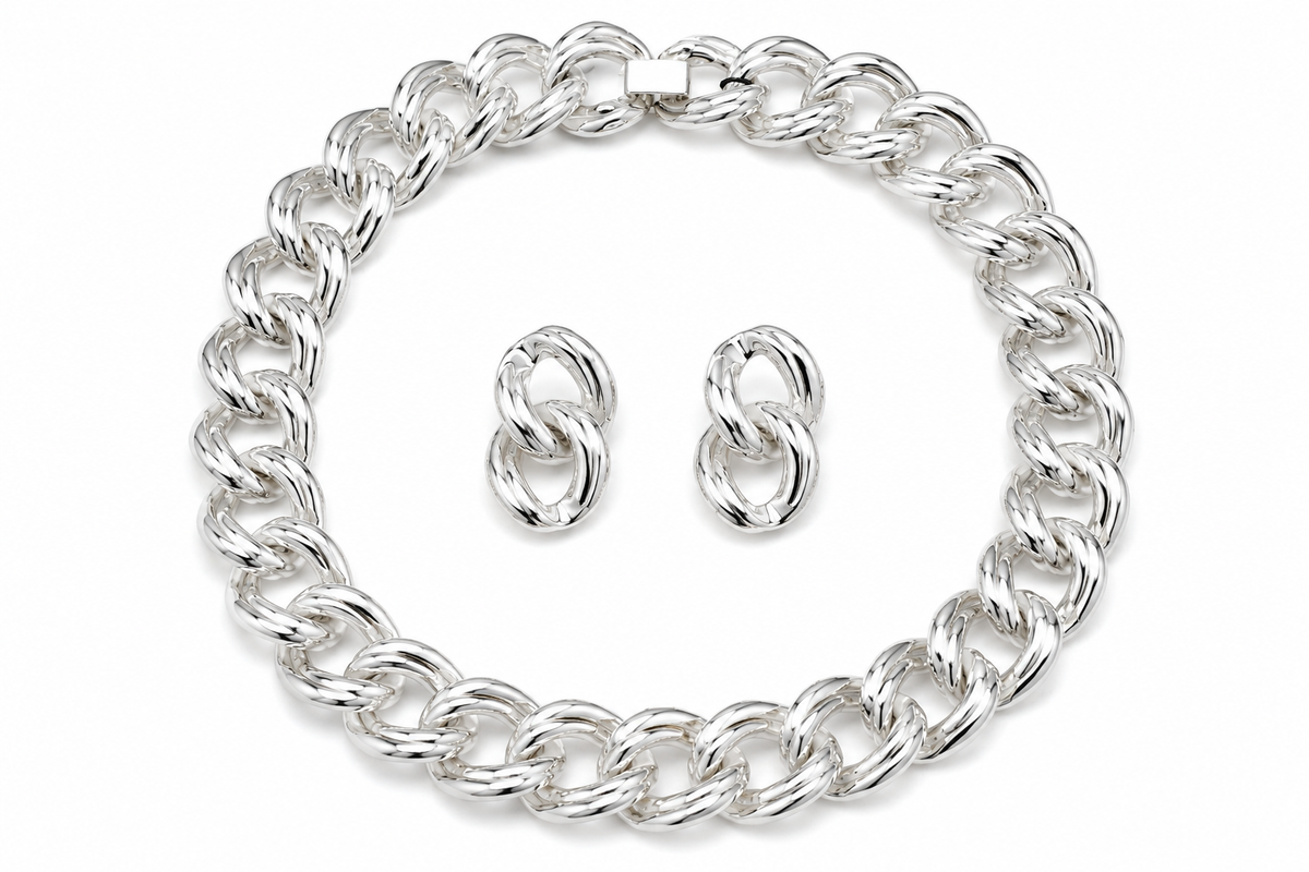 Silver-Tone Chunky Link Statement Necklace & Double Link Drop Earring Set – 16