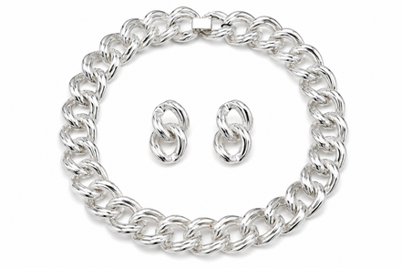 Silver-Tone Chunky Link Statement Necklace & Double Link Drop Earring Set – 16" Necklace, 1.5" Earrings #FW-SET99S