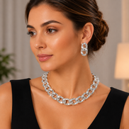 Silver-Tone Chunky Link Statement Necklace & Double Link Drop Earring Set – 16