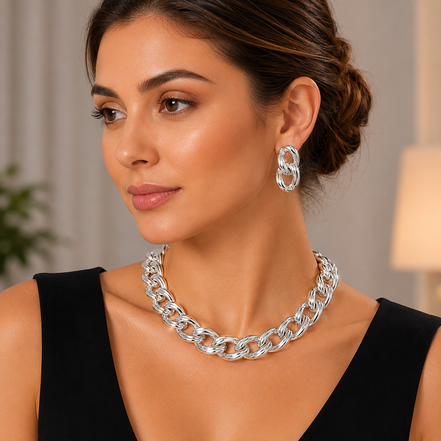 Silver-Tone Chunky Link Statement Necklace & Double Link Drop Earring Set – 16" Necklace, 1.5" Earrings #FW-SET99S