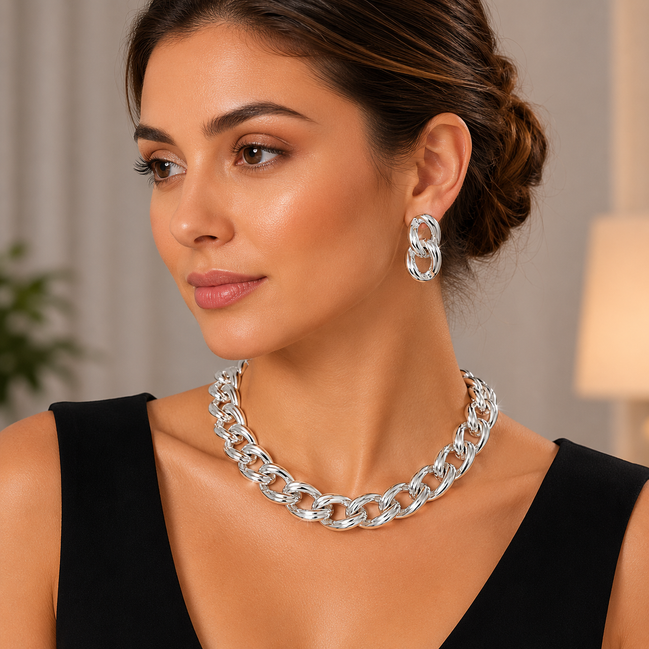 Silver-Tone Chunky Link Statement Necklace & Double Link Drop Earring Set – 16" Necklace, 1.5" Earrings #FW-SET99S