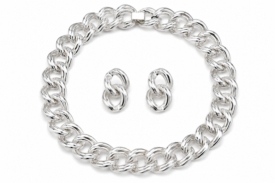 Silver-Tone Chunky Link Statement Necklace & Double Link Drop Earring Set – 16" Necklace, 1.5" Earrings #FW-SET99S
