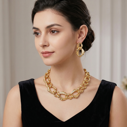 Chunky Link Statement Necklace & Oversized Link Drop Earring Set – 16" Necklace, 2.7" Earrings#FW-WB954-19 ASST