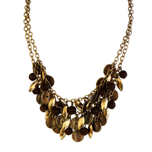 Brown Beaded and Metal Two Rows Short Necklace