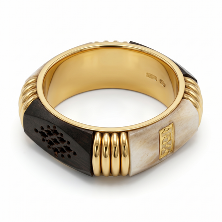 Women’s Plus-Size 3.1-Inch Chunky Bangle Bracelet, Cream and Dark Brown Panel Wide Gold-Tone Statement Jewelry#FWB-PLUS1(T-LINE)