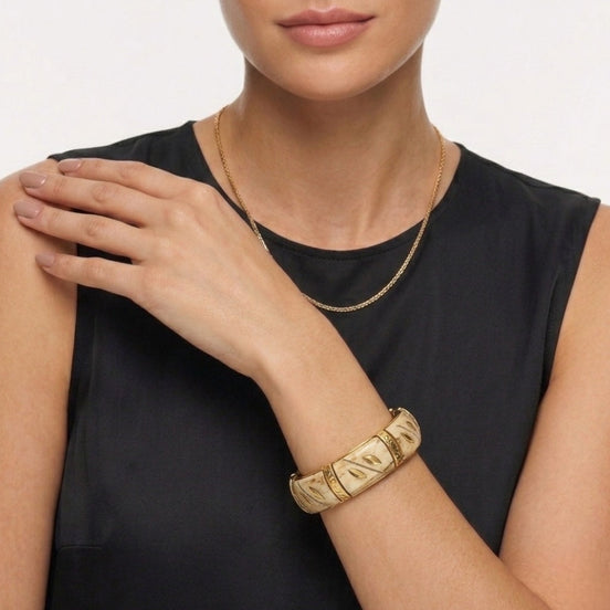 Women’s Plus-Size 3-Inch Chunky Bangle Bracelet, Cream-Tone and Gold-Tone Segmented Bone-Look Wide Statement Jewelry#FWB-PLUS2(T-LINE)