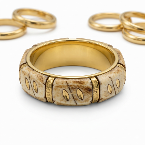 Women’s Plus-Size 3-Inch Chunky Bangle Bracelet, Cream-Tone and Gold-Tone Segmented Bone-Look Wide Statement Jewelry#FWB-PLUS2(T-LINE)