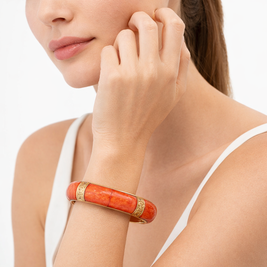 Women’s Plus-Size 3-Inch Chunky Bangle Bracelet, Orange Marble-Look and Gold-Tone Wide Statement Jewelry#FWB-PLUS3(T-LINE)