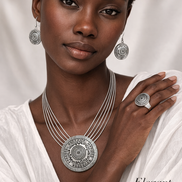 Silver Tone Multi-Strand Medallion Necklace and Fish Hook Earrings Set – Bohemian Statement Pendant Jewelry Set for Women #SCE43587SIL(TA7)
