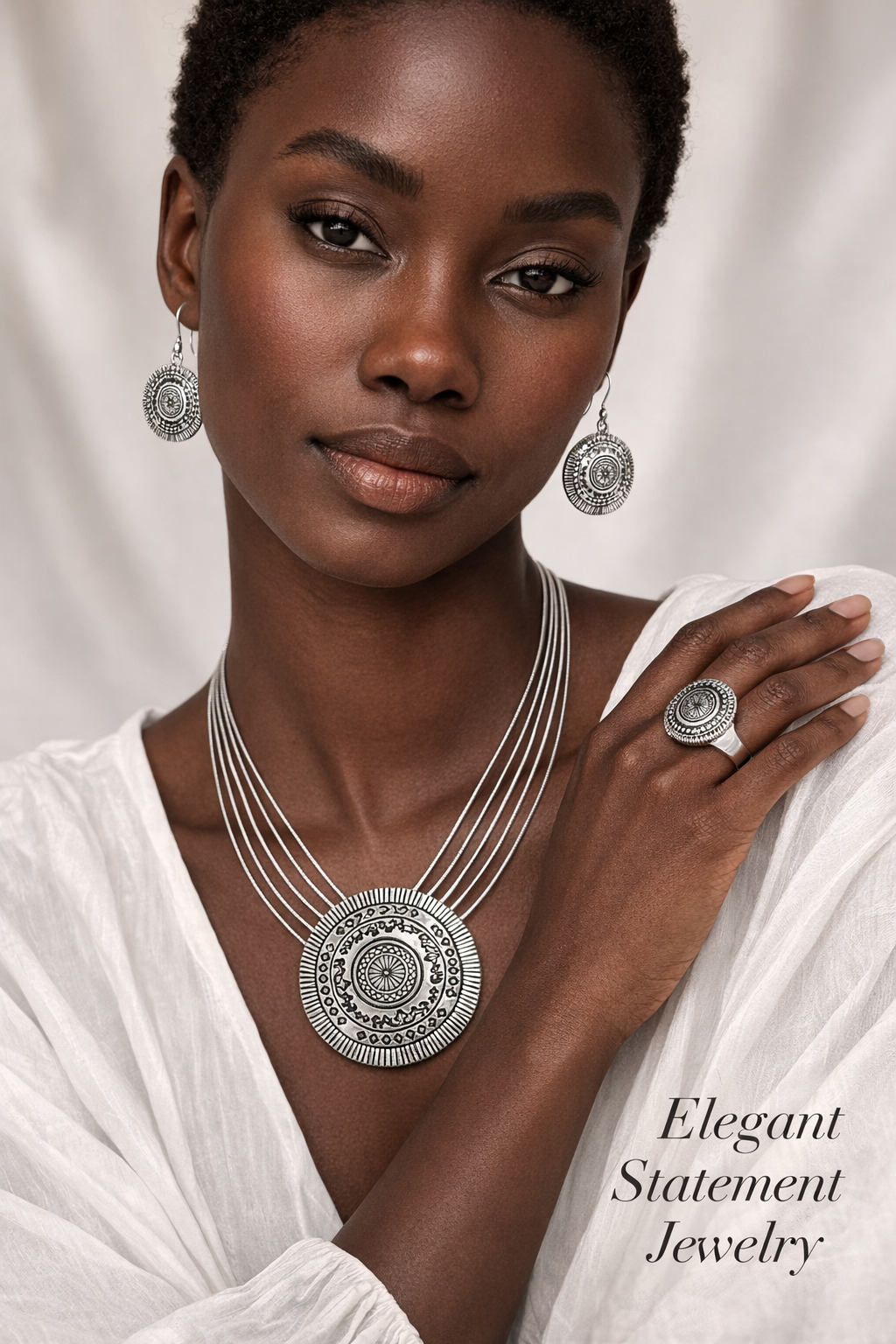 Silver Tone Multi-Strand Medallion Necklace and Fish Hook Earrings Set – Bohemian Statement Pendant Jewelry Set for Women #SCE43587SIL(TA7)