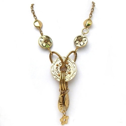Flower printed engraved metal discs are decorated with champagne color stones. Antique gold finish enriches the beauty and the metal discs makes pleasant sound as you move. Has matching earrings.
