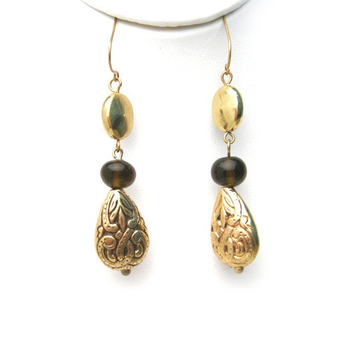 GOLD BROWN SCROLL PATTERN DROP EARRINGS  #SE19017GLD/BRW (RC12/R-RH7)