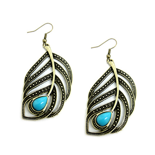 GOLD LEAF EARRINGS WITH TURQUOISE COLOR ACCENT #HNE77862_G-TRQ