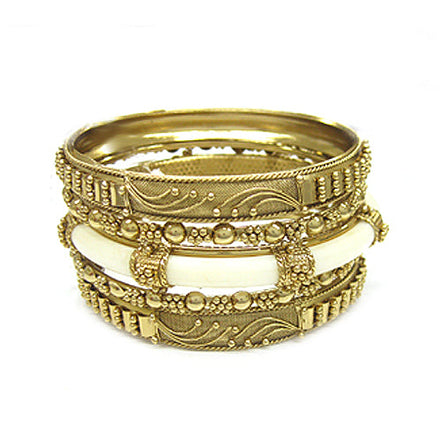GOLD IVORY METAL WITH RESIN BANGLES SET OF 5 PCS  #B08192_GLD-WHT (CHT)
