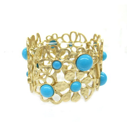 TURQ COLOR GARDEN FLOWER STRETCH BRACELET #JB0094_GLD-TRQ (KC7/K Line Top)