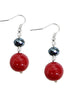 Jet Glass Crystal with Red Pearl Dangle Earrings       
