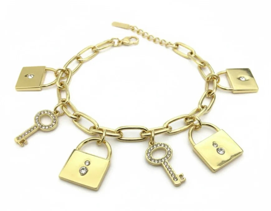 GOLD LOCK AND KEY CHARM BRACELET  #CB3140_GOLD