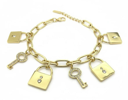 GOLD LOCK AND KEY CHARM BRACELET  #CB3140_GOLD