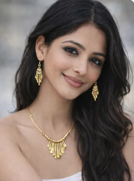 GOLD INTRICATE TRIBAL DESIGN NECKLACE AND EARRINGS SET  #HNNE3241_GOLD (CH3/CG1)