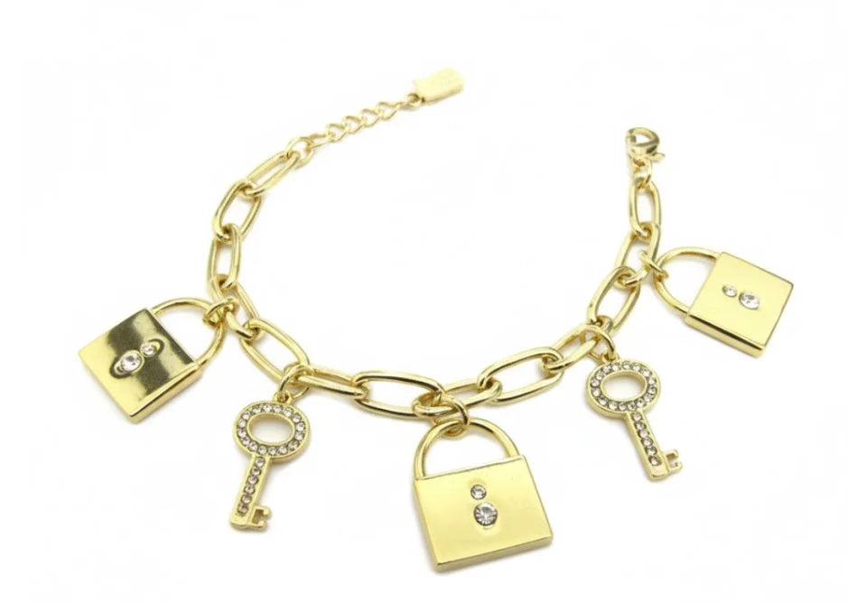 GOLD LOCK AND KEY CHARM BRACELET  #CB3140_GOLD