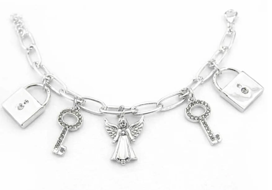 SILVER LOCK AND KEY CHARM BRACELET  #CB3140_SILVER (AF6)