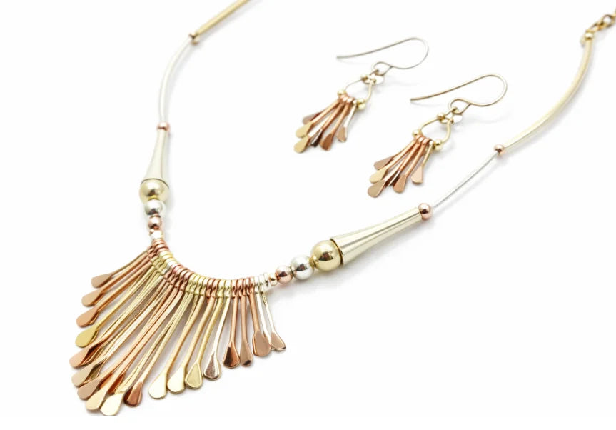 TRITONE INTRICATE TRIBAL DESIGN NECKLACE AND EARRINGS SET  #HNNE3241_3TONE (CC2)