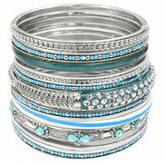 SILVER TURQUOISE SEED BEADS SET OF 17PCS INDIAN BANGLES WITH STRIPE BORN IN PLASTIC CONTAINER  #PB8672_S-TURQ (QH9)
