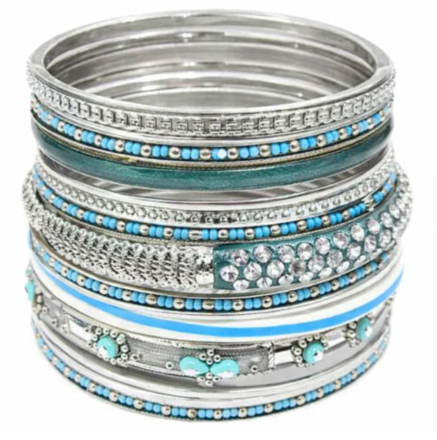 SILVER TURQUOISE SEED BEADS SET OF 17PCS INDIAN BANGLES WITH STRIPE BORN IN PLASTIC CONTAINER  #PB8672_S-TURQ (QH9)