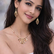 TRITONE INTRICATE TRIBAL DESIGN NECKLACE AND EARRINGS SET  #HNNE3241_3TONE (CC2)