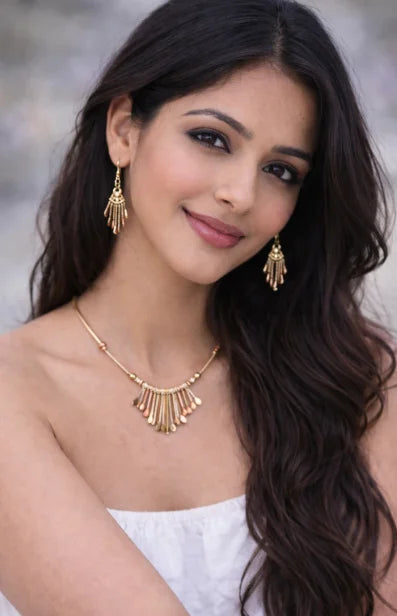 TRITONE INTRICATE TRIBAL DESIGN NECKLACE AND EARRINGS SET  #HNNE3241_3TONE (CC2)