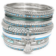 SILVER TURQUOISE SEED BEADS SET OF 17PCS INDIAN BANGLES WITH STRIPE BORN IN PLASTIC CONTAINER  #PB8672_S-TURQ (QH9)