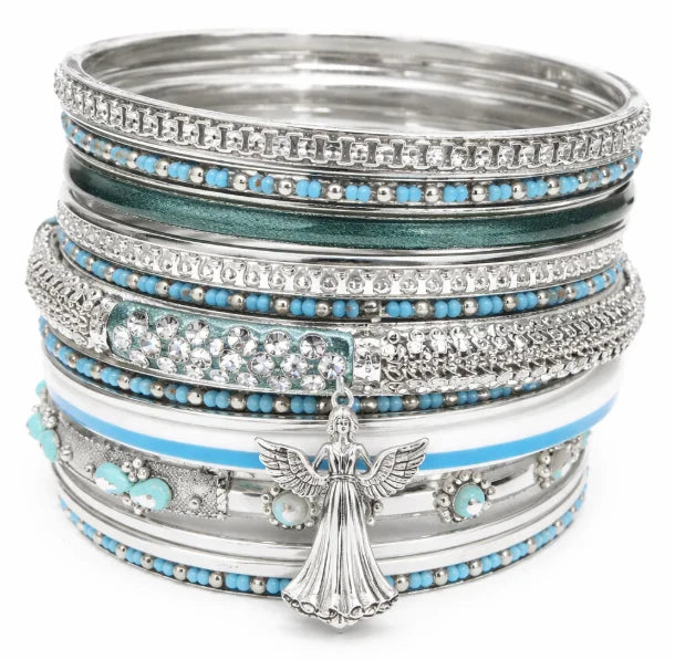 SILVER TURQUOISE SEED BEADS SET OF 17PCS INDIAN BANGLES WITH STRIPE BORN IN PLASTIC CONTAINER  #PB8672_S-TURQ (QH9)