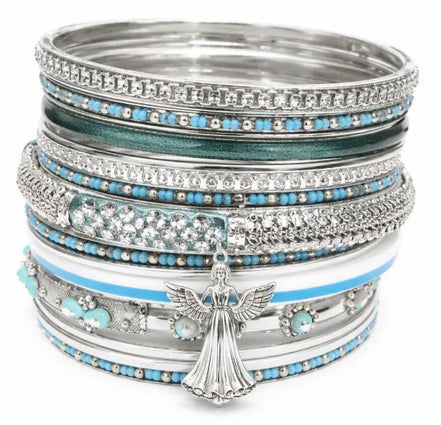 SILVER TURQUOISE SEED BEADS SET OF 17PCS INDIAN BANGLES WITH STRIPE BORN IN PLASTIC CONTAINER  #PB8672_S-TURQ (QH9)