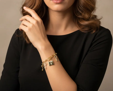 GOLD LOCK AND KEY CHARM BRACELET  #CB3140_GOLD