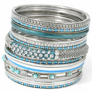 SILVER TURQUOISE SEED BEADS SET OF 17PCS INDIAN BANGLES WITH STRIPE BORN IN PLASTIC CONTAINER  #PB8672_S-TURQ (QH9)