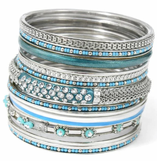SILVER TURQUOISE SEED BEADS SET OF 17PCS INDIAN BANGLES WITH STRIPE BORN IN PLASTIC CONTAINER  #PB8672_S-TURQ (QH9)