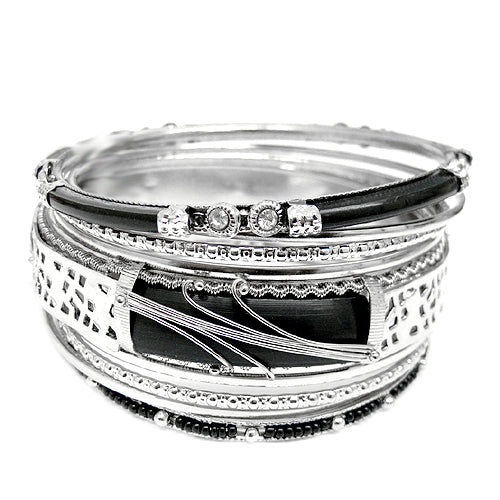 SILVER BLACK BANGLE SET  #KB00695_S-BLACK (UA5)