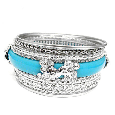 SILVER TURQUOISE ELEGANT DESIGN SET OF 7PCS BANGLES  #KB7764_S-TURQ (RA15)
